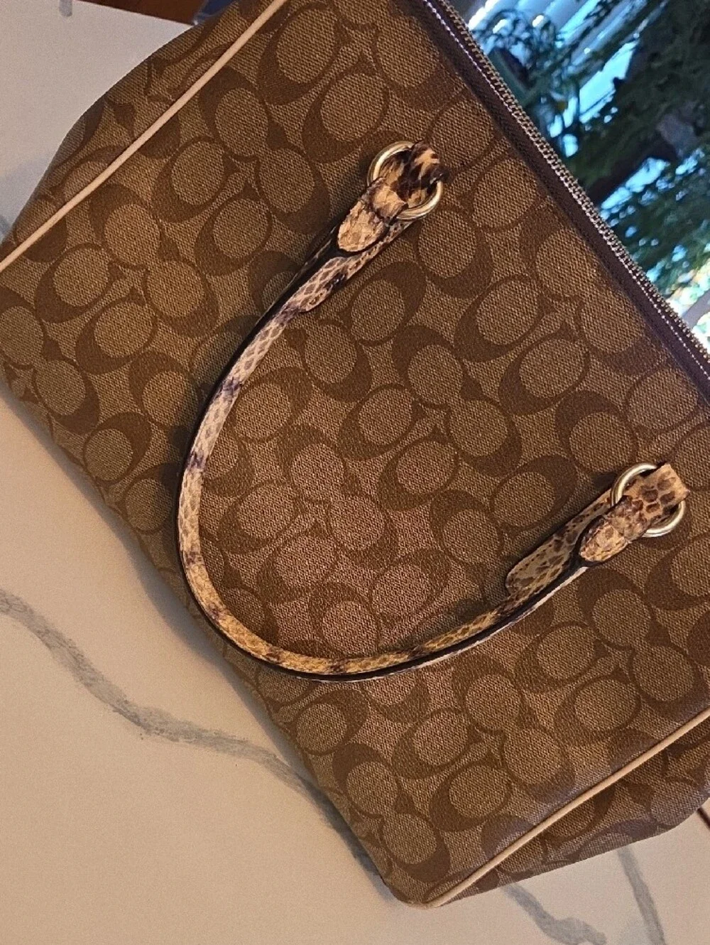 Coach Khaki Signature Satchel with Snake-Print Trim